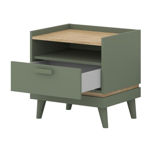 Table De Chevet Noki – Vert Et Bois – 1 Tiroir Style Scandinave
