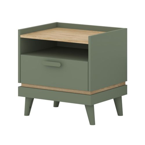 Table De Chevet Noki – Vert Et Bois – 1 Tiroir Style Scandinave