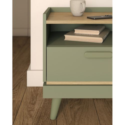 Table De Chevet Noki – Vert Et Bois – 1 Tiroir Style Scandinave