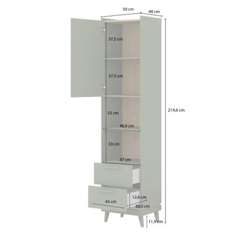 Bibliothèque Noki – Vert Et Bois – 1 Porte + 2 Tiroirs Style Scandinave
