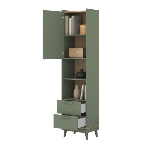 Bibliothèque Noki – Vert Et Bois – 1 Porte + 2 Tiroirs Style Scandinave