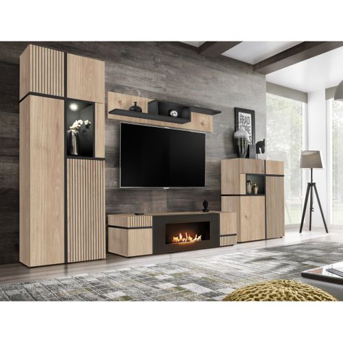 Buffet Criss – 2 Portes, 2 Tiroirs, LED – Chêne Clair Et Noir