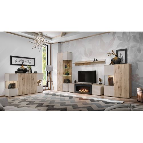 Ensemble Salon Complet Erina – Buffet Bas, Buffet Haut, Vitrine, Étagère, Meuble TV Cheminée Bio-ét