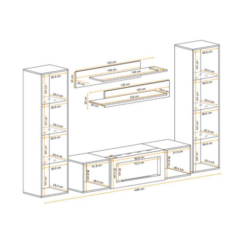 Composition Murale Fly – Chêne Clair – Vitrines Vitrées, Étagères Et Meuble TV Avec Cheminée Bio-ét
