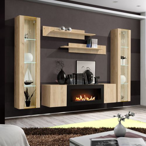 Composition Murale Fly – Chêne Clair – Vitrines Vitrées, Étagères Et Meuble TV Avec Cheminée Bio-ét
