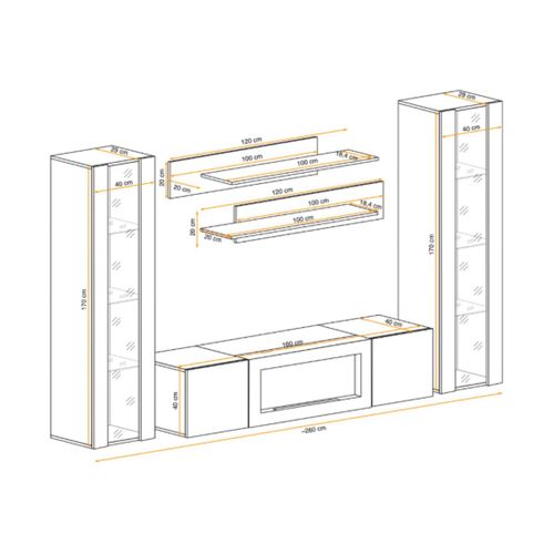Composition Murale Fly – Chêne Clair – Vitrines Vitrées, Étagères Et Meuble TV Avec Cheminée Bio-ét