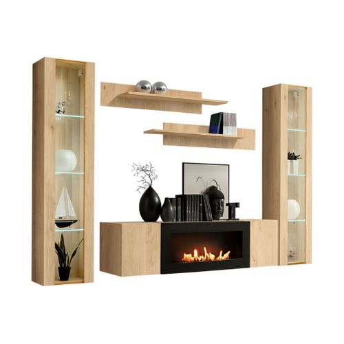Composition Murale Fly – Chêne Clair – Vitrines Vitrées, Étagères Et Meuble TV Avec Cheminée Bio-ét