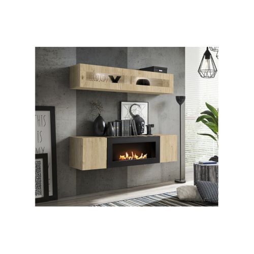 Composition Murale Fly – Chêne Clair – Vitrine Horizontale Vitrée Et Meuble TV Avec Cheminée Bio-ét