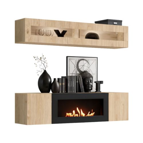 Composition Murale Fly – Chêne Clair – Vitrine Horizontale Vitrée Et Meuble TV Avec Cheminée Bio-ét