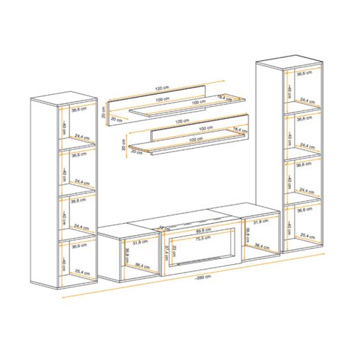 Composition Murale Fly Cachemire Avec Cheminée Bio-éthanol Et Rangements