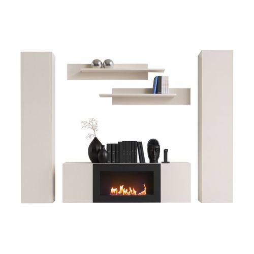 Composition Murale Fly Cachemire Avec Cheminée Bio-éthanol Et Rangements