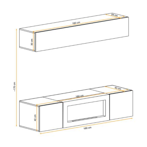 Composition Murale Fly Cachemire Avec Colonne Suspendue Horizontale Et Meuble TV Cheminée Bio-éthan