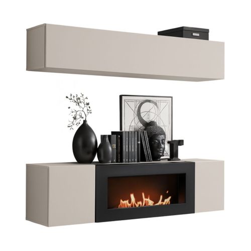 Composition Murale Fly Cachemire Avec Colonne Suspendue Horizontale Et Meuble TV Cheminée Bio-éthan