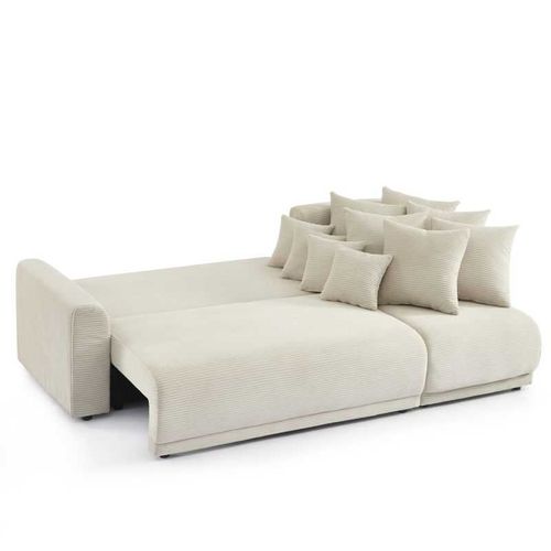 Calcite - Canapé D’angle Convertible Réversible Velours Côtelé 4 Places - Beige