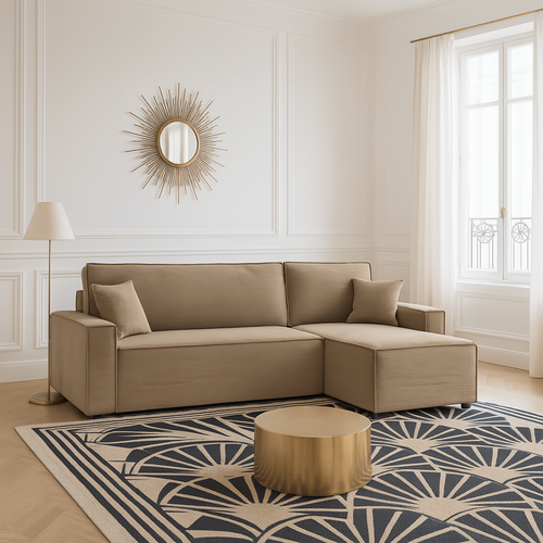 Iolite - Canapé D’angle Convertible Réversible Velours Côtelé 4 Places - Grège