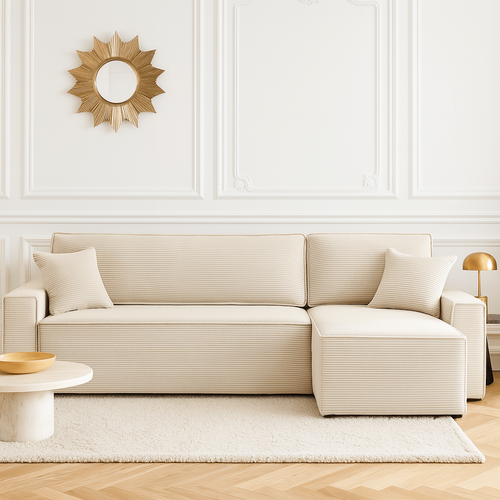 Iolite - Canapé D’angle Convertible Réversible Velours Côtelé 4 Places - Beige
