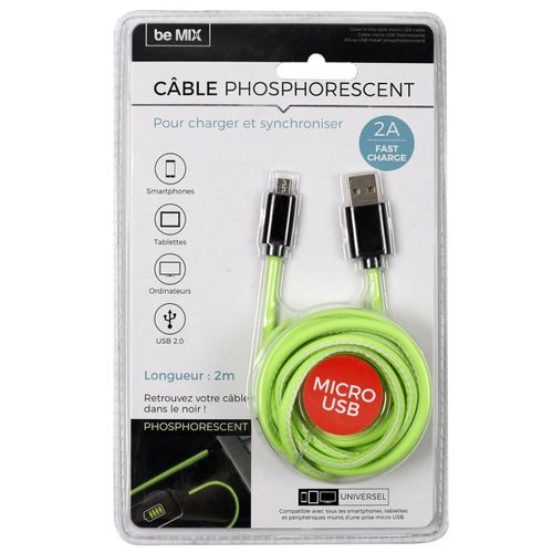 Câble Micro USB "phosphorescent" 200cm Vert