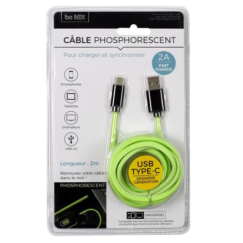 Câble USB Type C "phosphorescent" 200cm Vert