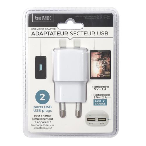 Prise Secteur Double Port USB "plug" 8cm Blanc