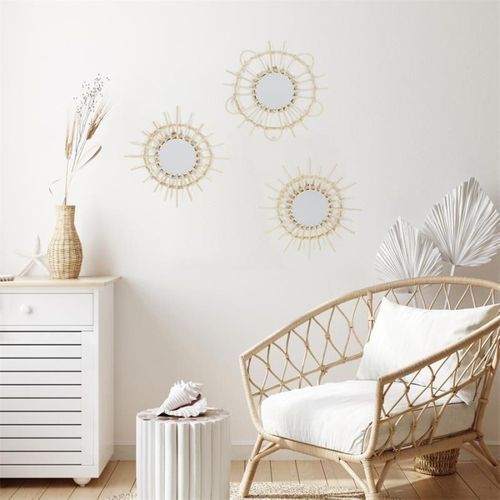 Lot De 3 Miroirs En Rotin "fixation Mur" 28cm Naturel