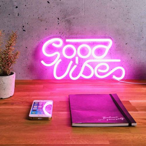 Lampe LED Effet Néon "good Vibes" 33cm Rose
