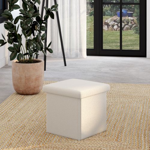 Pouf Coffre Pliable En Bouclette Blanc
