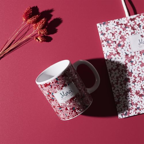 Mug Fleuri En Céramique "merci" 30cl Rose