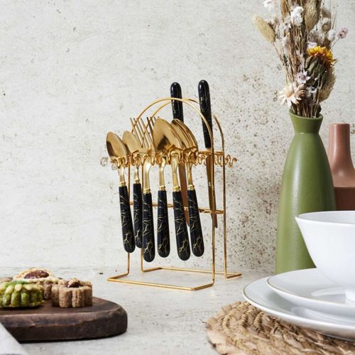 Ménagère 24 Pièces Avec Support "eclat" 26cm Noir et Or