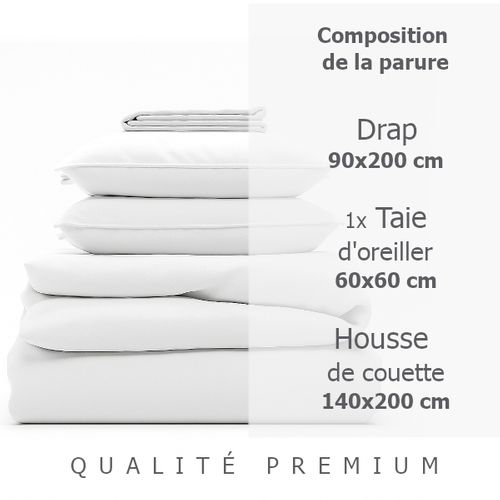Parure 140/200 Blanc - Drap 90/200 + Taie Oreiller 60/60 Cm
