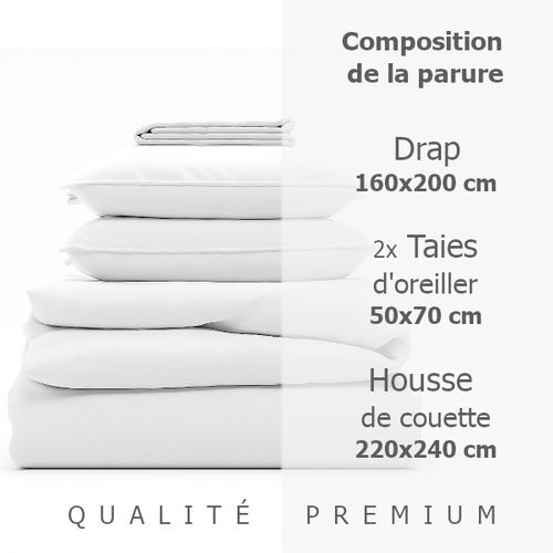 Parure 220/240 Blanc - Drap 160/200 + 2 Taies Oreiller 50/70 Cm