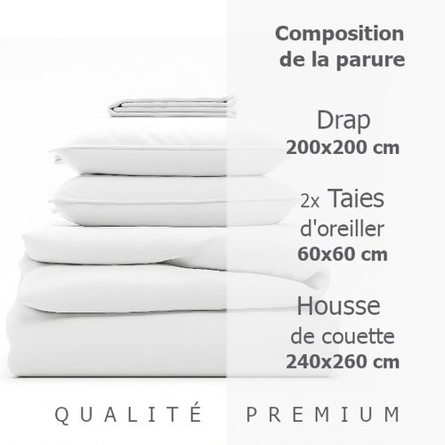 Parure 240/260 Blanc - Drap 200/200 + 2 Taies Oreiller 60/60 Cm