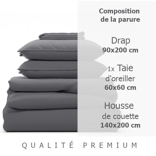 Parure 140/200 Gris Clair - Drap 90/200 + Taie Oreiller 60/60 Cm