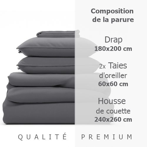 Parure 240/260 Gris Clair - Drap 180/200 + 2 Taies Oreiller 50/70 Cm