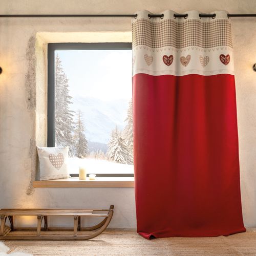 Rideau Jacquard à Oeillets Avec Haut Vichy Et Motifs Cœurs - 140x260 Cm - Rouge