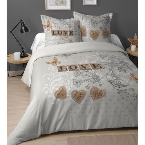 Housse De Couette Clémence, Thème Romantique, Gris/blanc, 220x240cm, 100% Coton