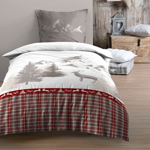 Parure De Lit 2 Pièces Imprimée Motif Cerf Et Montagne Housse + Taie - 140x200 Cm - Rouge