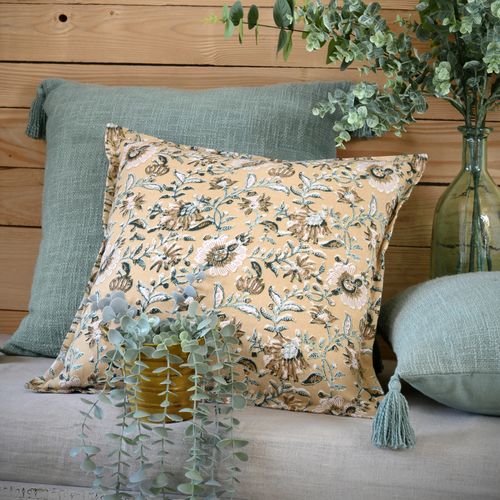 Coussin Décoratif Végétal Graphique - 45x45 Cm - Jaune Moutarde