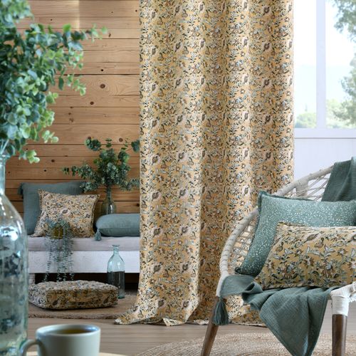 Rideau à Oeillets Floral Abstrait - 140x260 Cm - Jaune Moutarde