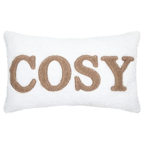 Coussin En Polaire Avec Message Brodé "cosy" - 30x50 Cm - Ecru