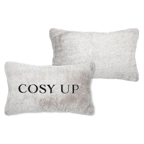 Coussin Imitation Fourrure Brodé "cosy Up" - 30x50 Cm - Gris