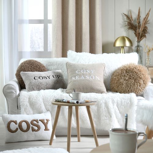 Coussin Imitation Fourrure Brodé "cosy Up" - 30x50 Cm - Gris