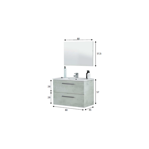 Meuble Sous Vasque De Salle De Bain Suspendu 80 Cm + Miroir Coloris Béton.