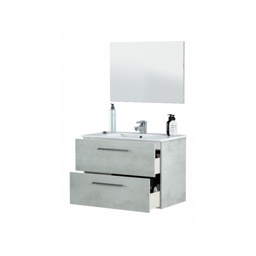 Meuble Sous Vasque De Salle De Bain Suspendu 80 Cm + Miroir Coloris Béton.