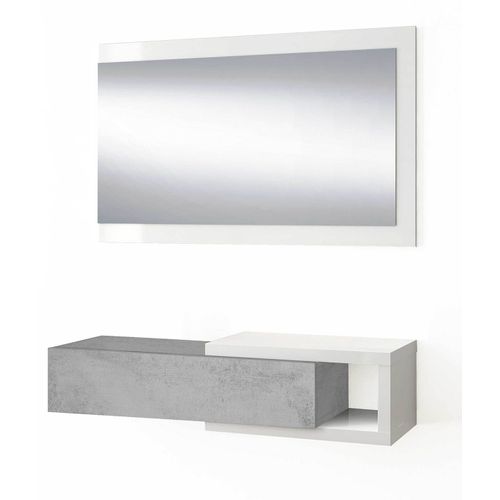 Meuble D'entrée Réversible Avec Miroir Et 1 Tiroir Coloris Blanc Artic / Ciment.