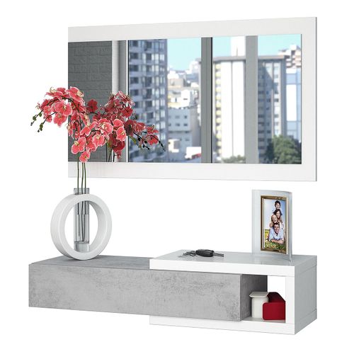 Meuble D'entrée Réversible Avec Miroir Et 1 Tiroir Coloris Blanc Artic / Ciment.