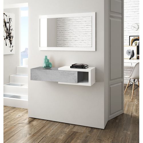 Meuble D'entrée Réversible Avec Miroir Et 1 Tiroir Coloris Blanc Artic / Ciment.