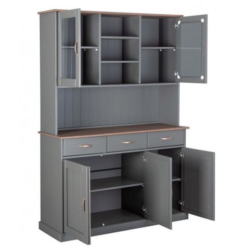 Vaisselier / Vitrine En Pin Massif Foncé Et Gris - L.131 X H.191 X P.45 Cm