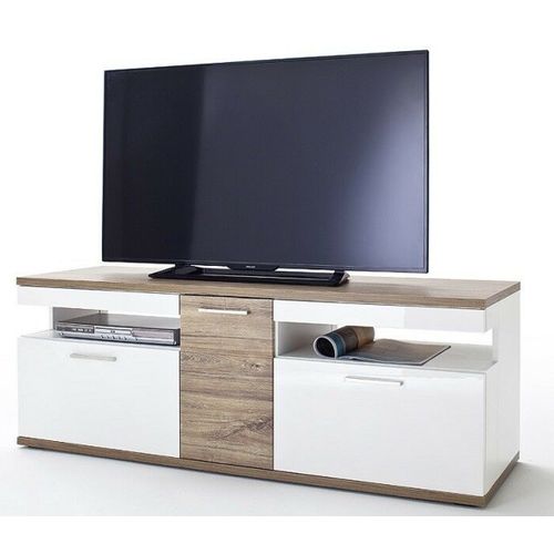 Meuble TV Coloris Blanc Brillant Et Chêne Sterling - L. 150 X H. 55 X P. 50 Cm