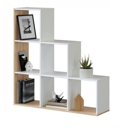 Bibliothèque Escalier Cube Coloris Chêne Candiene / Blanc Artic - h. 110 X L. 108 X P. 28 Cm