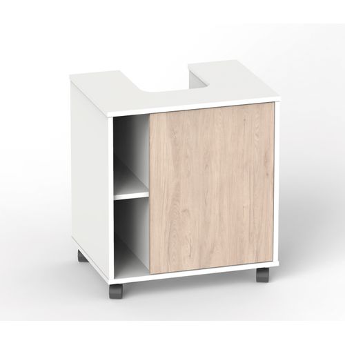 Meuble Sous Lavabo 1 Porte Coloris Blanc Brillant / Effet Bois - H. 64 X L. 59 X P. 45 Cm